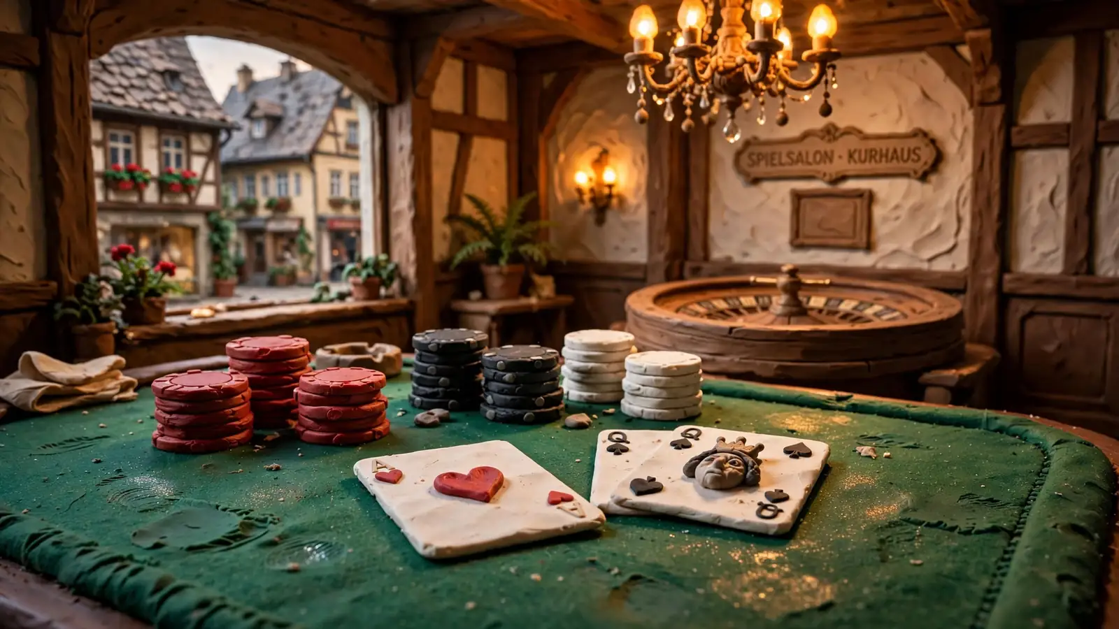 Eleganter Casino-Tisch mit gestapelten Poker-Chips, aufgefächerten Spielkarten und Roulette-Rad bei warmem Kronleuchter-Licht