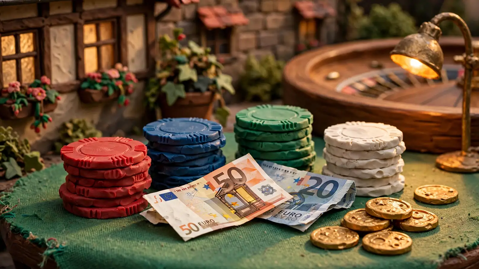 Bunte Casino-Chips und Euro-Banknoten auf einem Filztisch mit Roulette-Rad im Hintergrund.