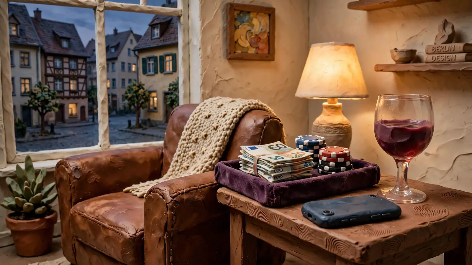 Gemütliches deutsches Wohnzimmer abends mit Spielchips, Euro-Banknoten und Smartphone auf dem Tisch.