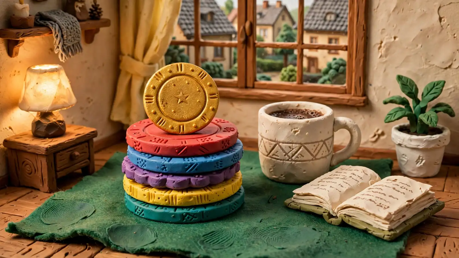 Bunte Casino-Chips auf grünem Filz im warm beleuchteten deutschen Wohnzimmer mit Kaffeetasse