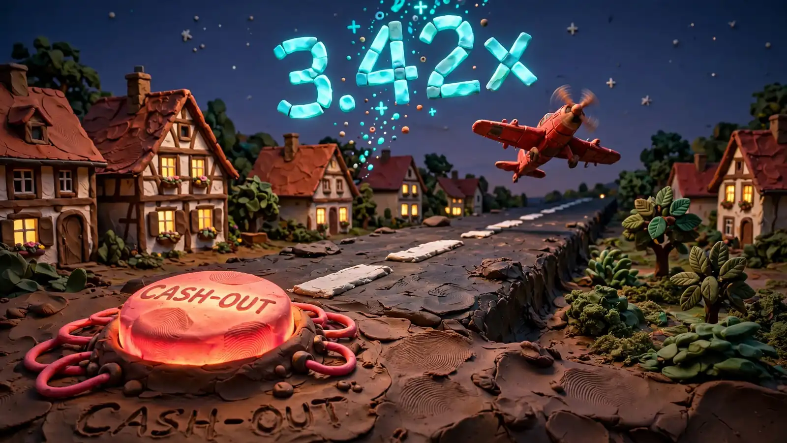 Rotes Propellerflugzeug hebt bei einbrechender Dunkelheit ab, während ein digitaler Multiplikator nach oben steigt.