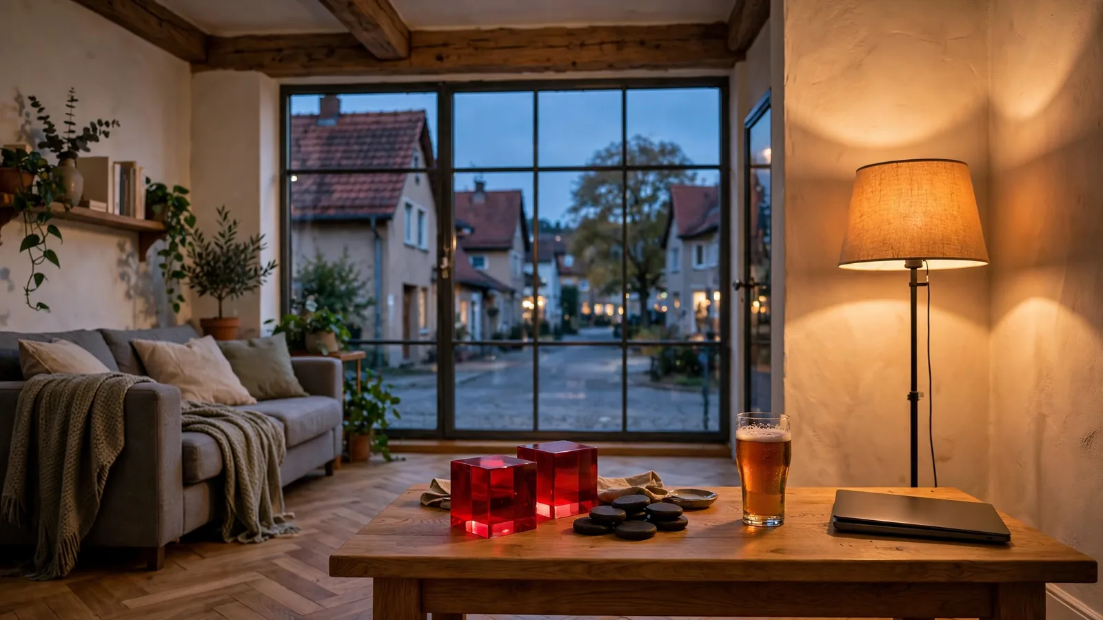 Abendliche deutsche Wohnung mit Würfeln, Casino-Chips und geschlossenem Laptop auf dem Tisch.