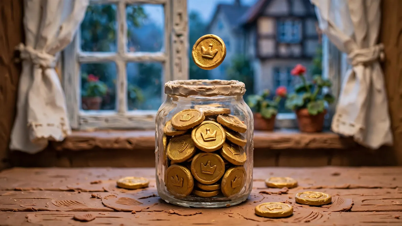 Goldene Münze fällt in ein Glas mit Münzen auf einem Holztisch