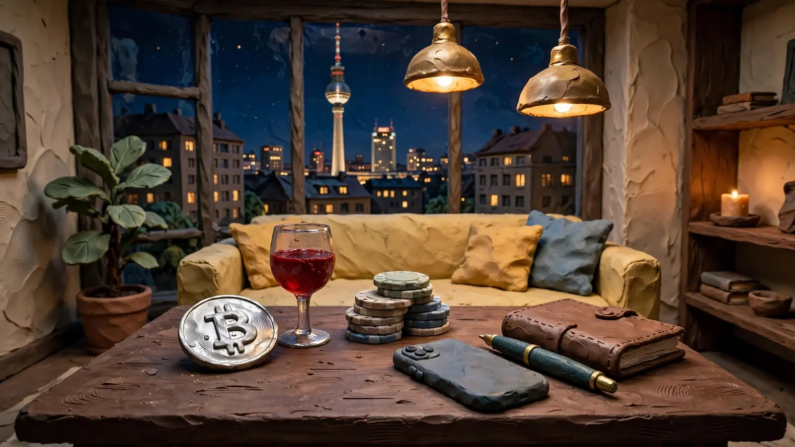 Moderner deutscher Wohnraum mit Bitcoin-Münze, Poker-Chips und Berliner Skyline bei Nacht