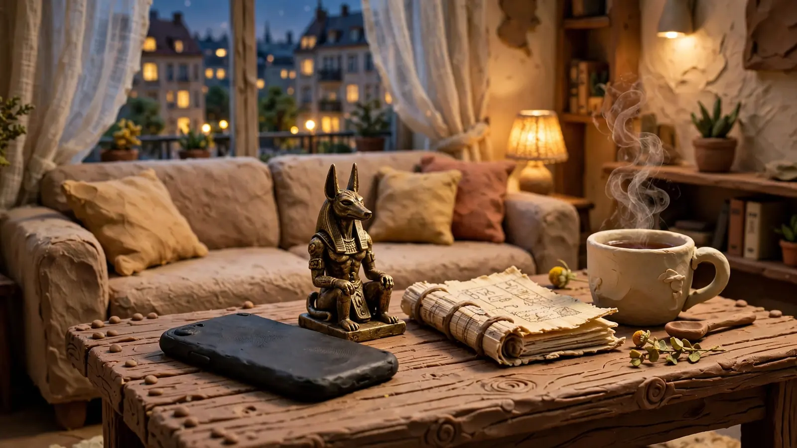 Modernes deutsches Wohnzimmer am Abend mit Anubis-Statue und Smartphone auf dem Couchtisch