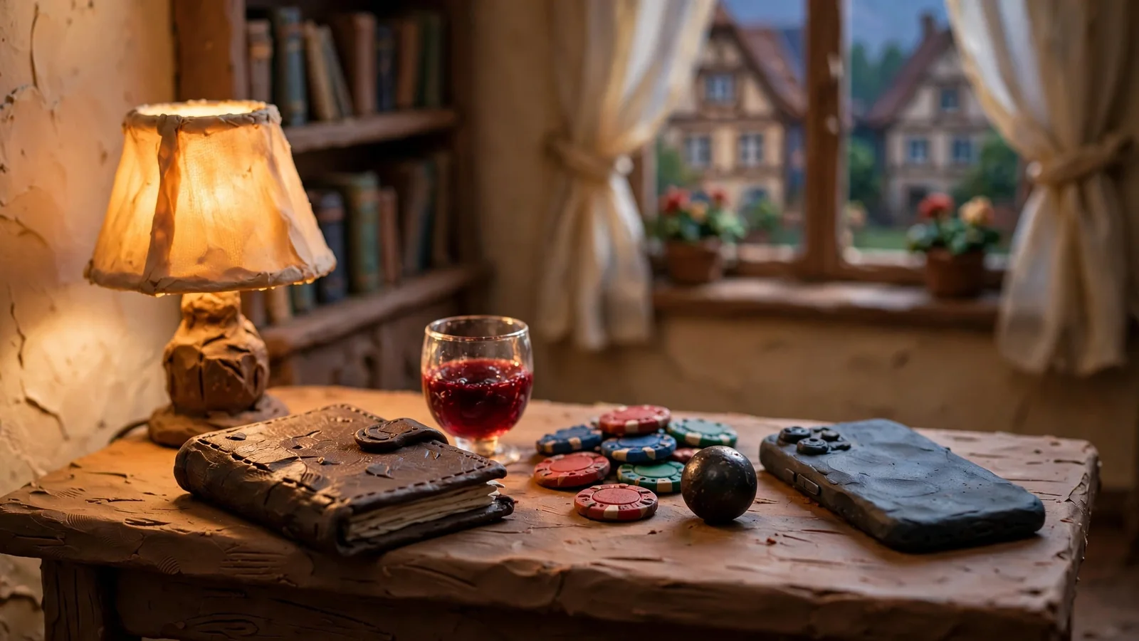Gemütliches deutsches Wohnzimmer am Abend mit Casino-Chips und Roulette-Kugel auf dem Tisch.