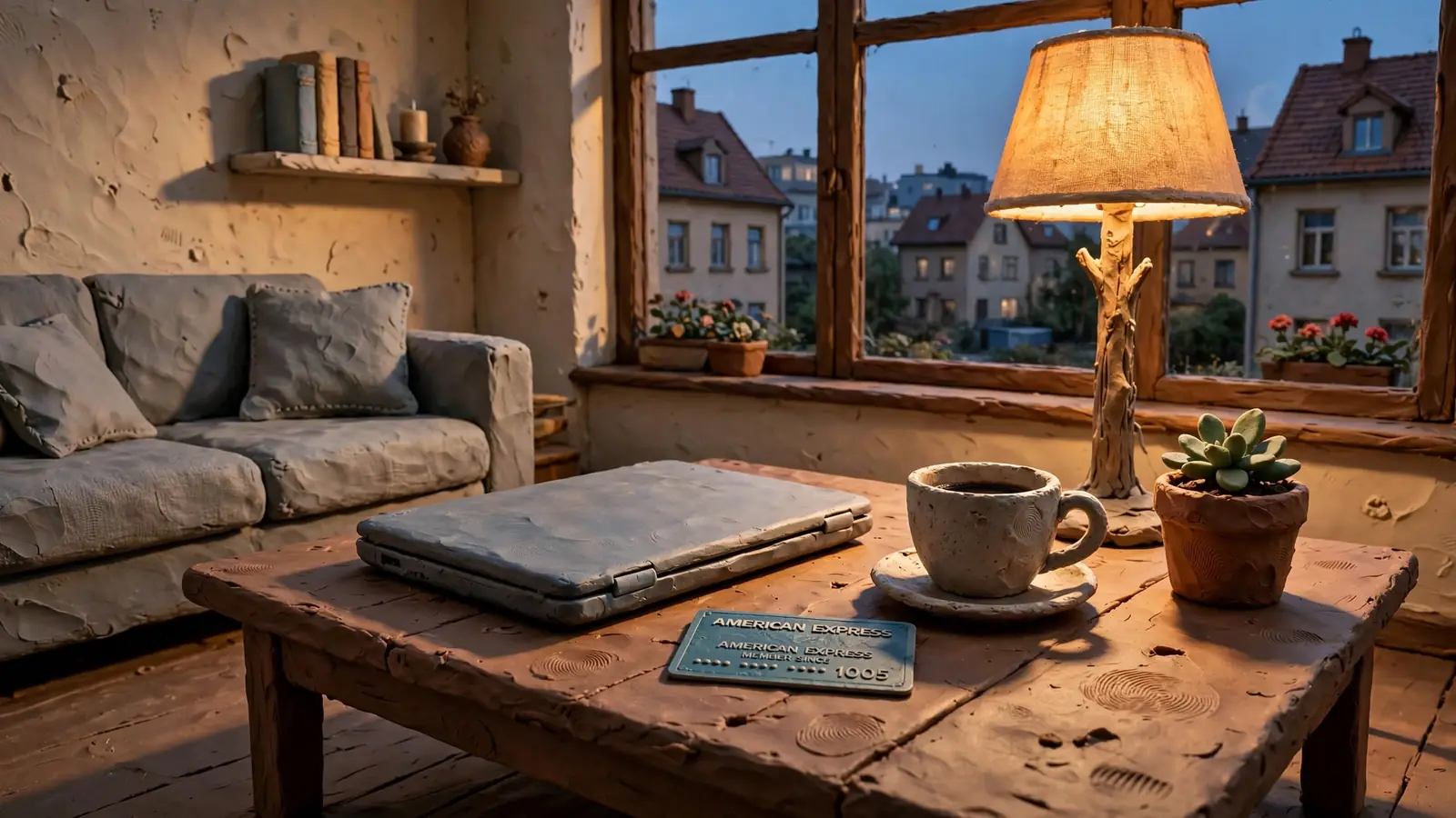 Modernes deutsches Wohnzimmer mit Laptop und American-Express-Karte auf dem Tisch