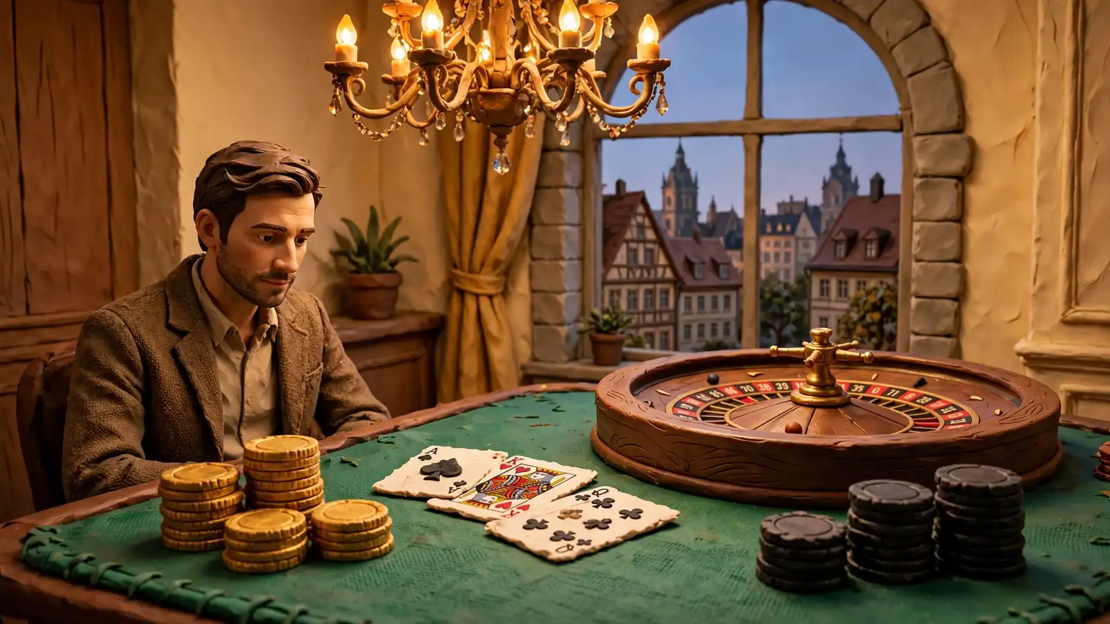 Elegante Casino-Szene mit Spieltisch, Chips, Roulette und deutschem Stadtblick bei warmem Kerzenlicht.