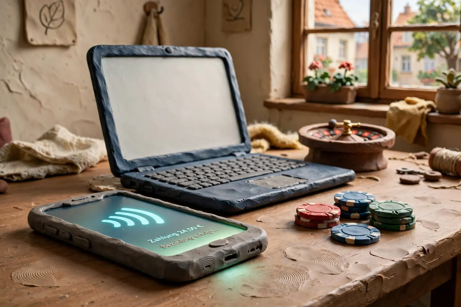 Smartphone und Laptop auf einem Tisch mit Casino-Chips und Roulette-Rad.