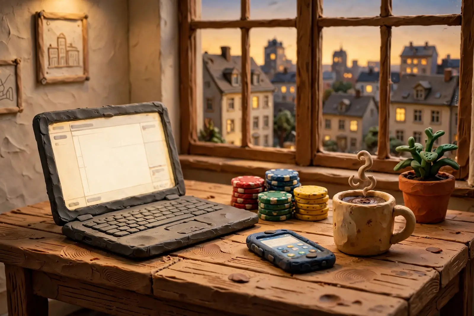 Moderner Schreibtisch mit Laptop, Casino-Chips und Smartphone bei warmem Abendlicht