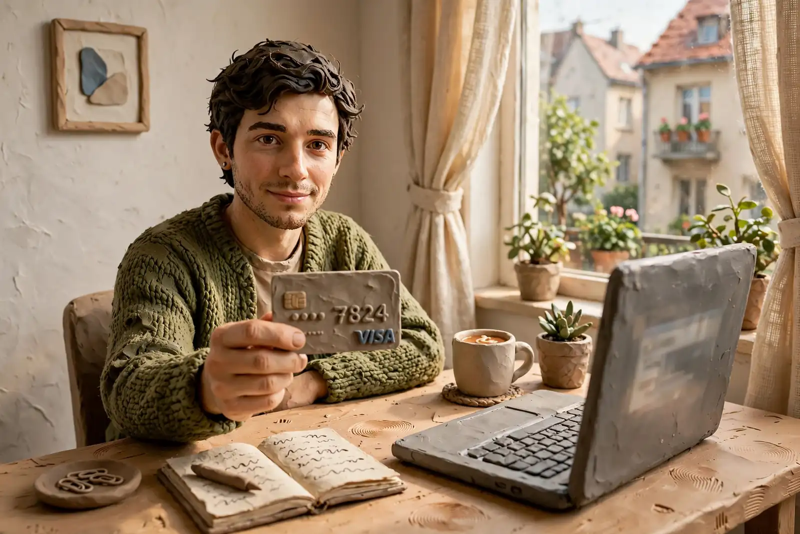 Person hält Kreditkarte am Schreibtisch vor Laptop in moderner Wohnung