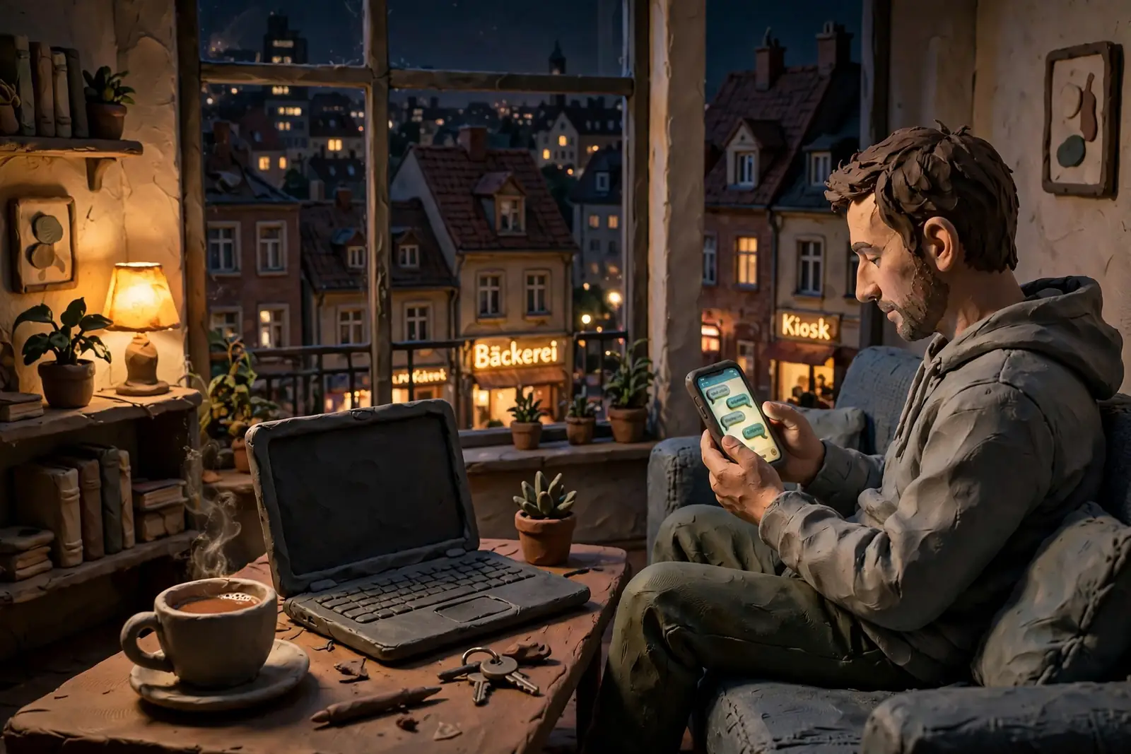 Mann mit Smartphone in Wohnung bei Nacht, Laptop auf dem Tisch