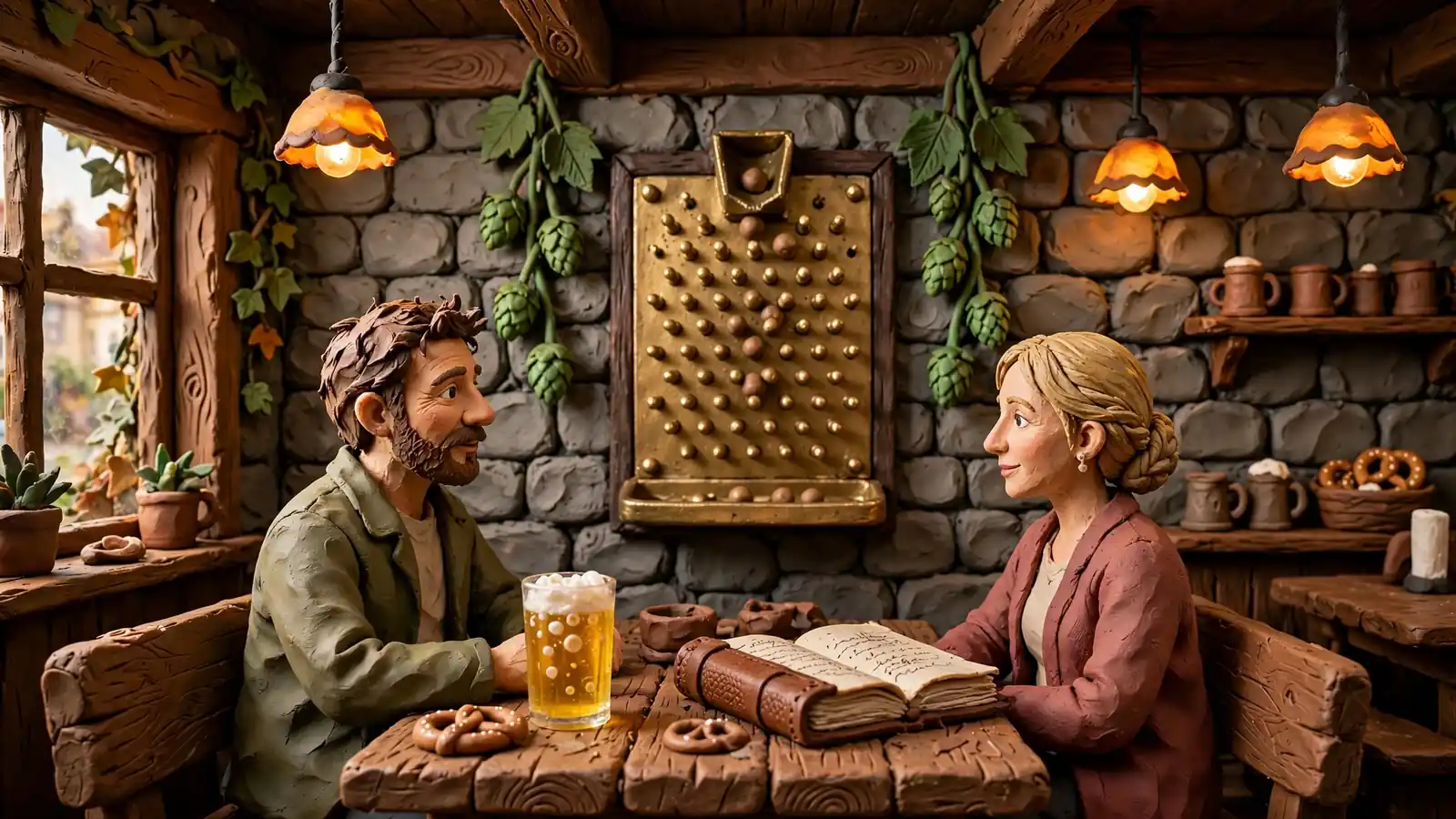 Deutsche Bierhalle mit hölzernen Tischen und einem Plinko-Brett an der Steinwand