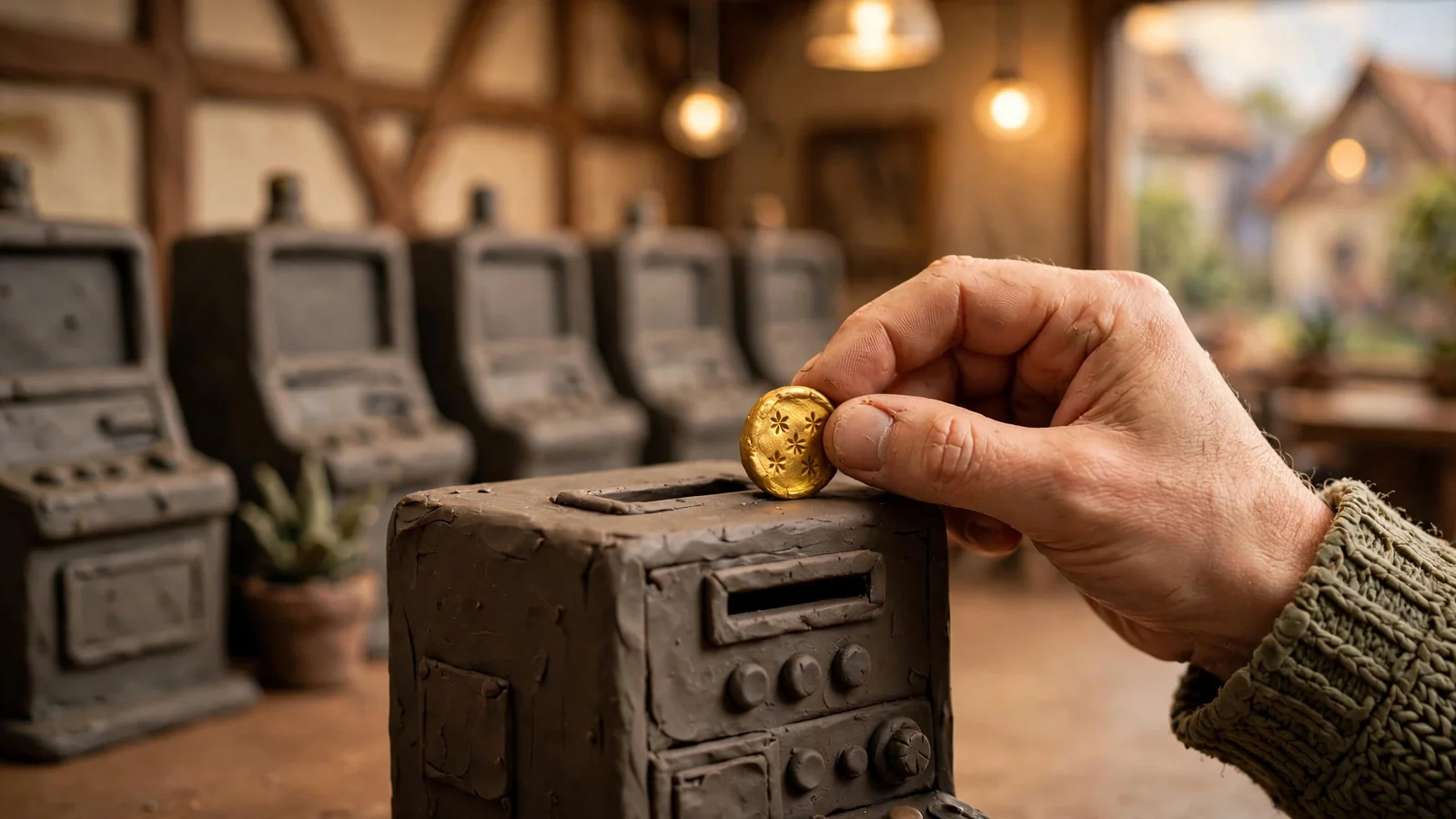 Goldene Spielmarke auf einem Spielautomaten in einer modernen Spielhalle in Deutschland.