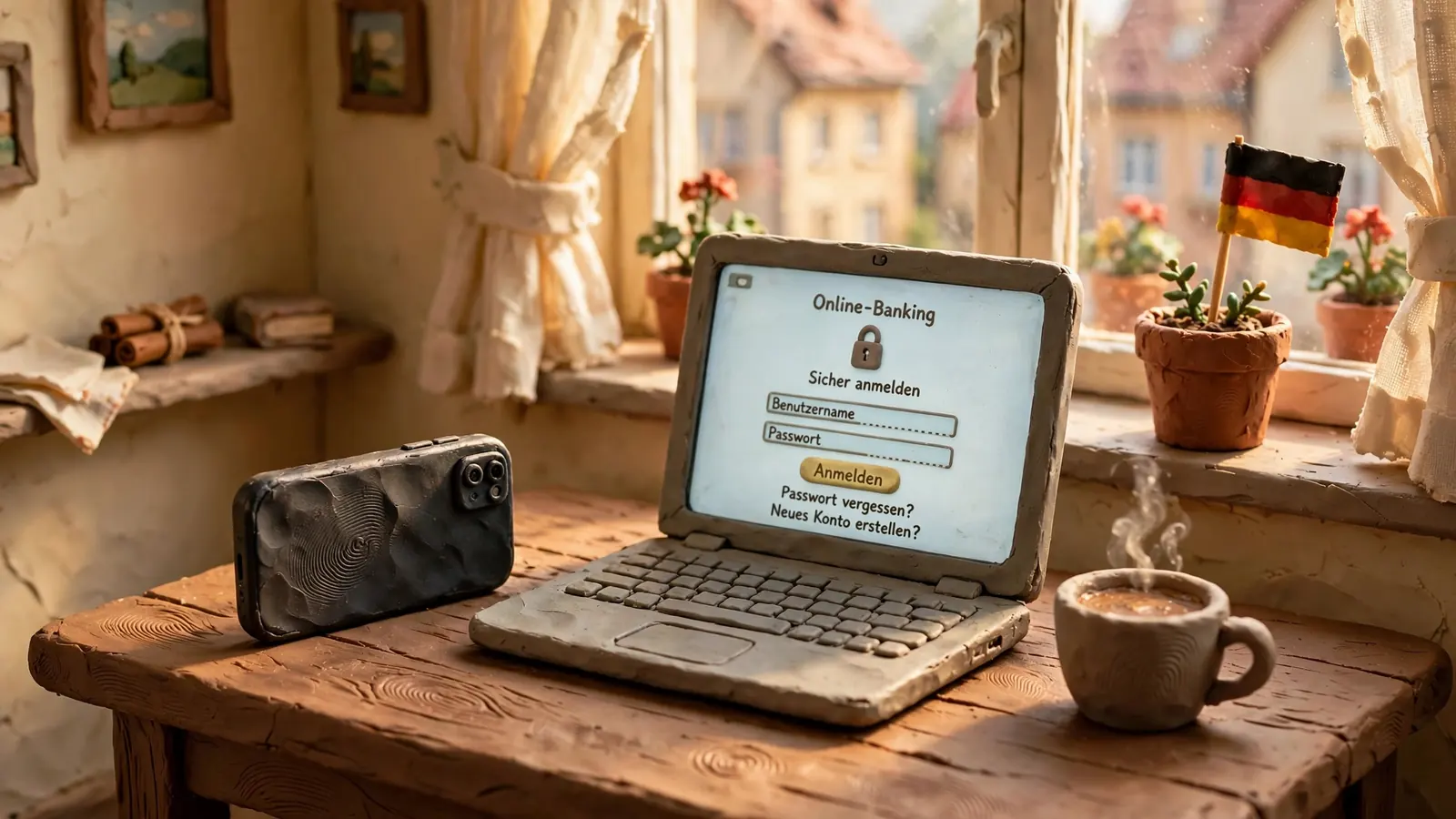 Smartphone und Laptop mit Online-Banking auf einem Holztisch
