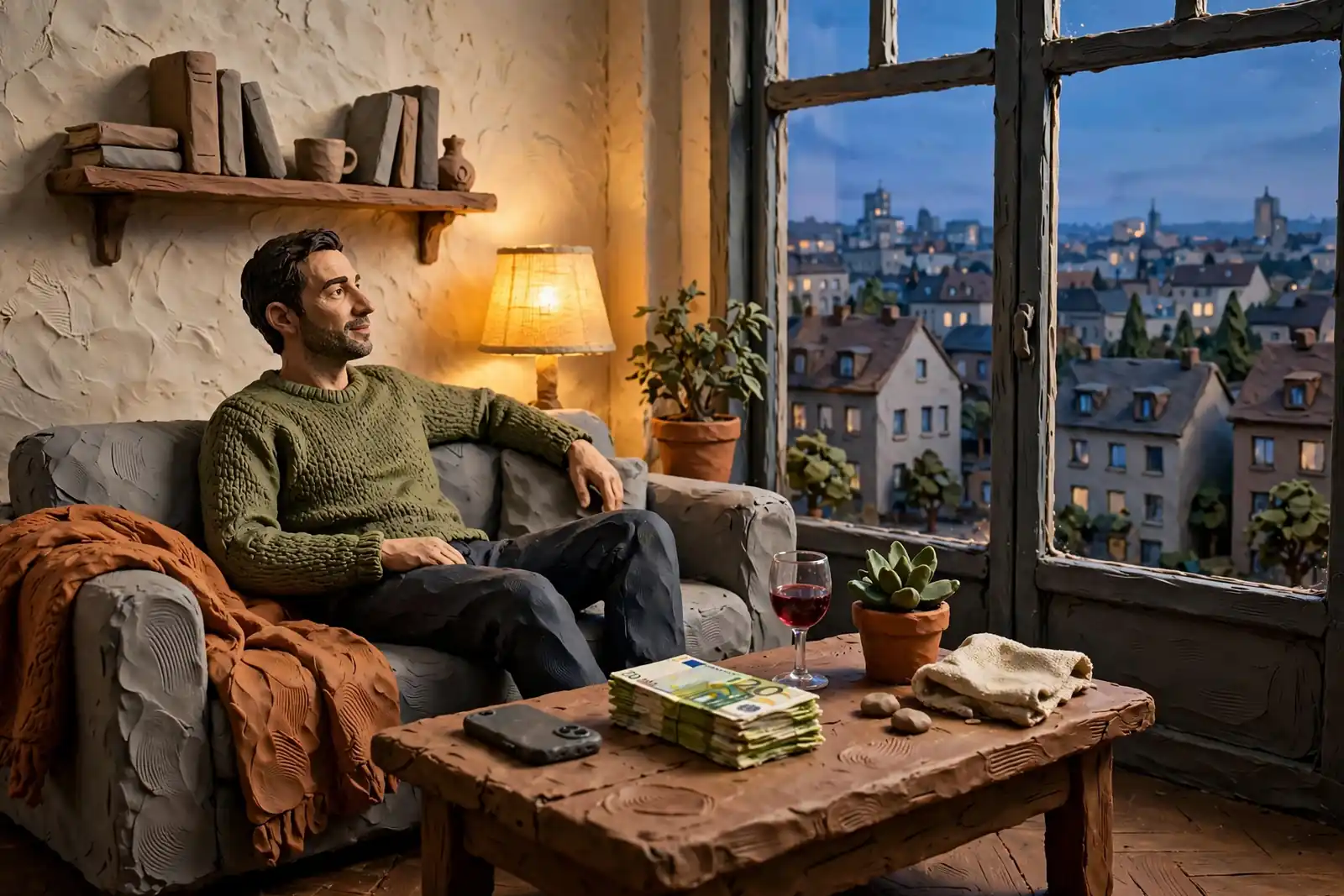 Gemütliches deutsches Wohnzimmer bei Abenddämmerung mit Smartphone und Euro-Scheinen auf dem Tisch